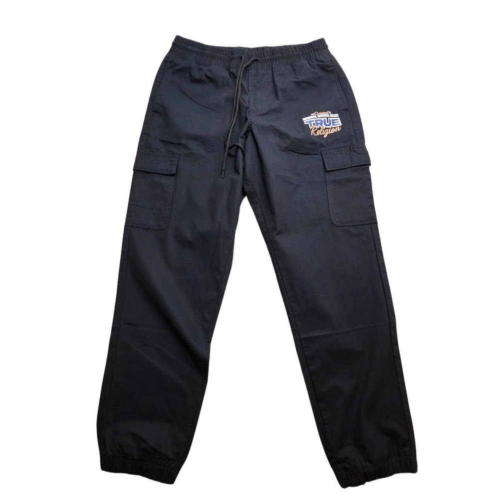 True Religion Mens Ripstop Jogger Pants Jet Black Cargo Graphic 700755 Size M‎